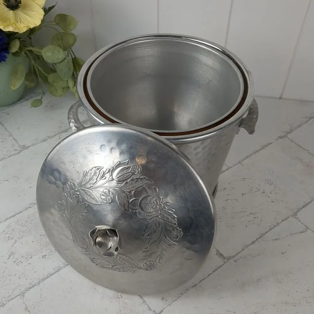 Vintage Hammered Aluminum Ice Bucket Floral Rose Midcentury Art Nouveau